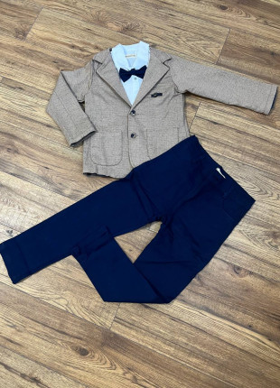 Костюм для хлопчика трійка (сорочка + піджак + штани) POLLITO 7-8 років 128-134 см Світло-коричневий/Темно-синій