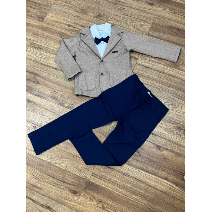 Костюм для хлопчика трійка (сорочка + піджак + штани) POLLITO 7-8 років 128-134 см Світло-коричневий/Темно-синій