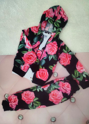Комплект трійка (лонгслів + кофта з капюшоном + штани) BRAND Квіти 104-110 см Різнокольоровий