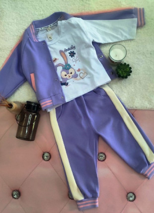 Комплект трійка (кофта на кнопках + лонгслів + штани) BUER Зайченя 98-104 см Фіолетовий/Білий