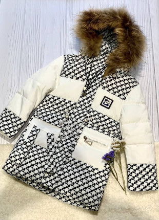 Куртка зимова дитяча з капюшоном Kotok Гусячі Лапки 98 см Чорний/Білий