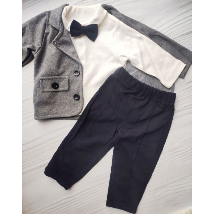 Костюм трійка класичний дитячий (піджак + сорочка + штани) Kotok 74 см Сірий/Білий/Чорний