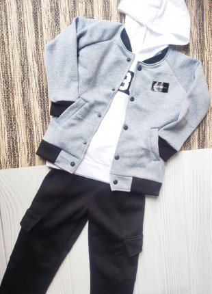 Спортивний костюм трійка дитячий (бомбер + кофта з капюшоном + штани) Kotok 110-116 см Білий/Сірий/Чорний