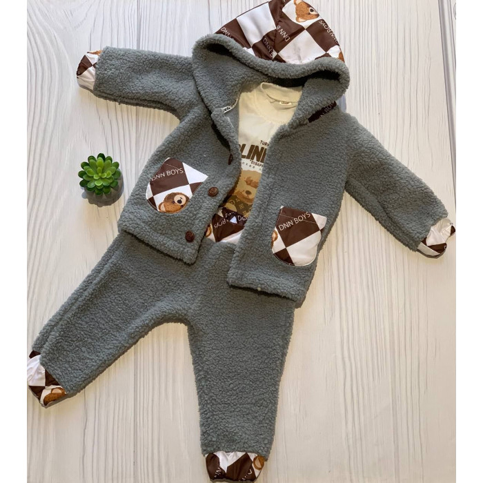 Комплект трійка дитячий утеплений (кофта з капюшоном + лонгслів + штанці) Donino Baby 68-74 см Сірий/Білий