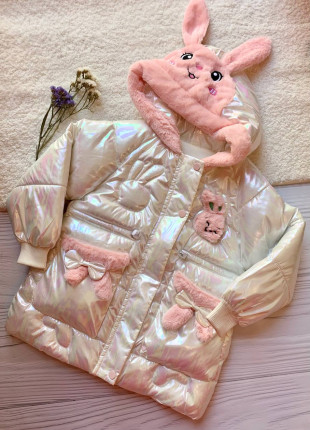 Куртка тепла дитяча Raby Peay Зайчик 140-146 см Рожевий/Білий