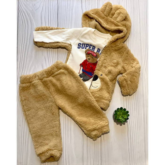 Комплект трійка дитячий утеплений (кофта з капюшоном + лонгслів + штанці) Kotok Ведмедик 68-74 см Світло-Коричневий