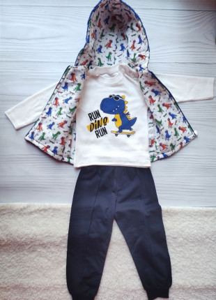 Комплект трійка дитячий (жилет з капюшоном + лонгслів + штанці) E.K.Y Star RUN DINO RUN 80 см Синій/Білий