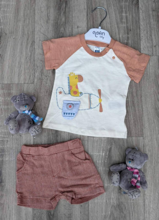 Комплект дитячий (футболка + шорти) Elefin Літак 3 місяці 62 см Коричневий/Молочний