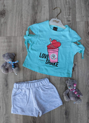 Комплект дитячий (футболка + шорти) Soso Love Shake 92 см Бірюзовий/Сірий