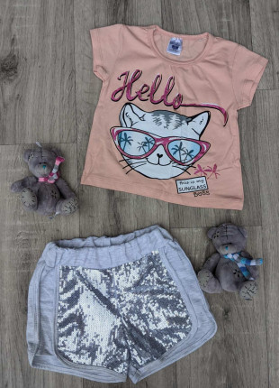 Комплект дитячий (футболка + шорти) Babydoss Hello 98 см Персиковий/Сірий