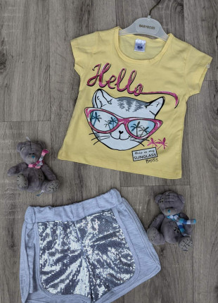 Комплект дитячий (футболка + шорти) Babydoss Hello 98 см Жовтий/Сірий