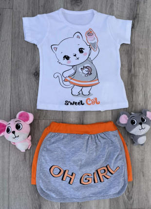 Комплект (футболка + шорти) Murat Baby Sweet Cat 62 см Білий/Сірий/Помаранчевий