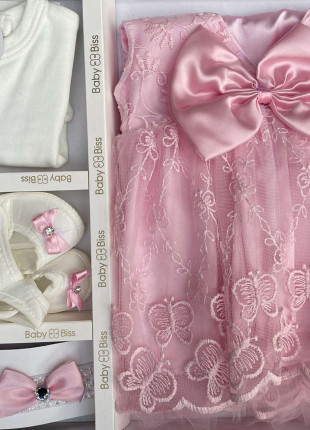Комплект (туніка + сукня + пінетки + пов'язка на голову) BabyBiss Метелики 56-68 см Білий / Рожевий