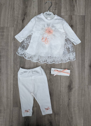 Комплект дитячий (сукня + штани + пов'язка на голову) Findik Квітка 62 см Білий/Персиковий