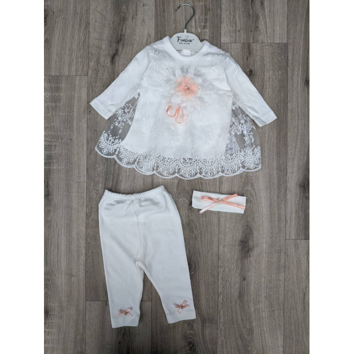 Комплект дитячий (сукня + штани + пов'язка на голову) Findik Квітка 62 см Білий/Персиковий