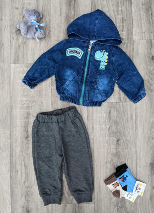 Комплект (курточка + кофта + штанці) Murat Baby Dino 74 см Синій/Бірюзовий/Сірий