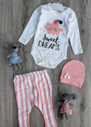 Комплект (боді + штанці + шапочка) Baby Teddy Dream Sweet 62 см Персиковий/Білий