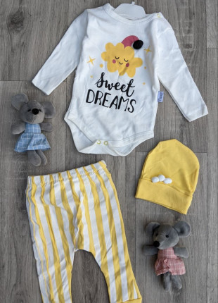 Комплект (боді + штанці + шапочка) Baby Teddy Dream Sweet 62 см Жовтий/Білий