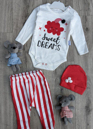 Комплект (боді + штанці + шапочка) Baby Teddy Dream Sweet 62 см Червоний/Білий