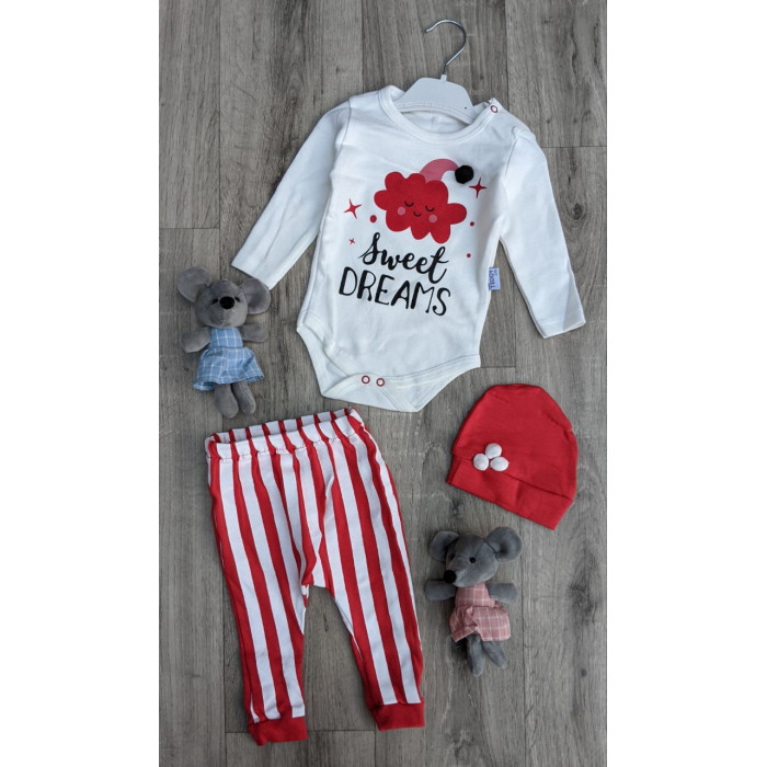 Комплект (боді + штанці + шапочка) Baby Teddy Dream Sweet 62 см Червоний/Білий