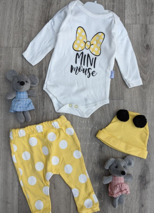 Комплект (боді + штанці + шапочка) Baby Teddy Mini Mouse 62 см Жовтий/Білий