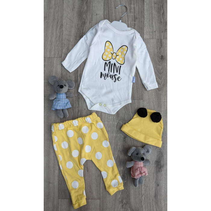 Комплект (боді + штанці + шапочка) Baby Teddy Mini Mouse 62 см Жовтий/Білий