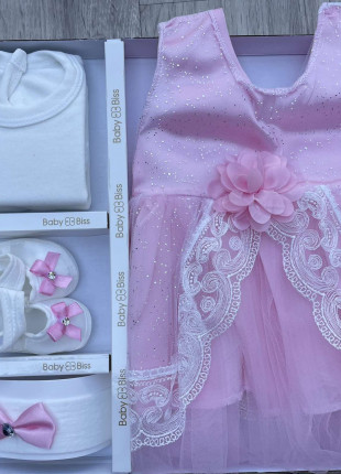 Комплект (туніка + сукня + пінетки + пов'язка на голову) Baby Biss Квітка 56-68 см Білий/Рожевий