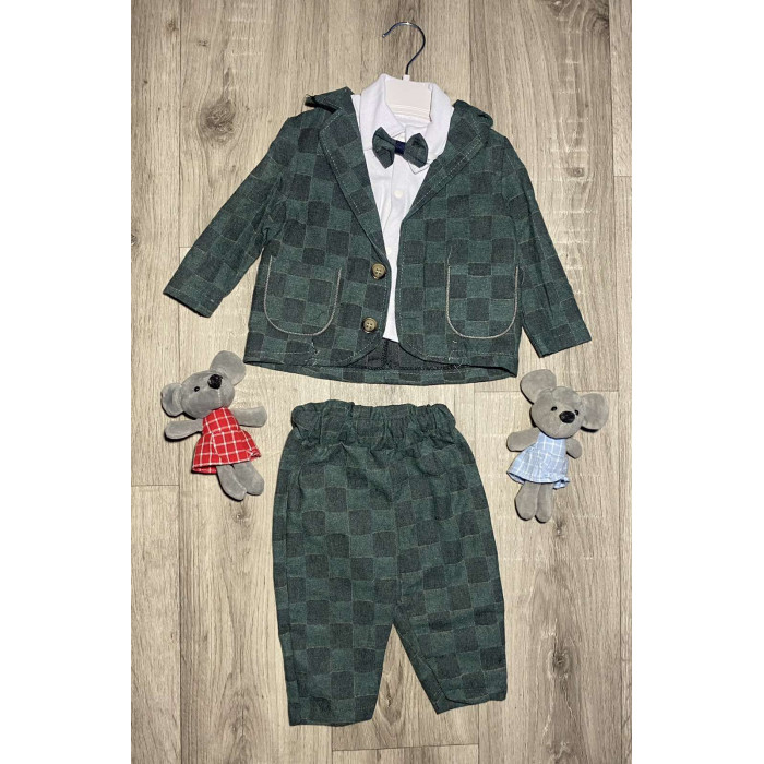 Костюм дитячий в клітку (піджак + сорочка + штани) Ronix 68 см Зелений/Білий