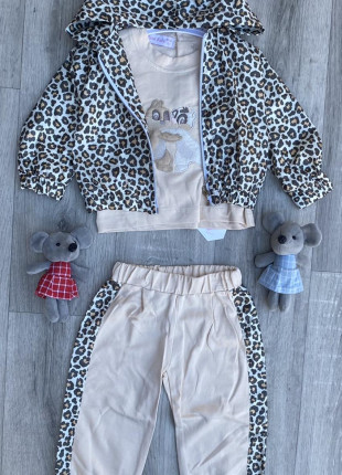 Комплект (кофта з капюшоном + світшот + штанці) Murat Baby Леопард 92 см Бежевий
