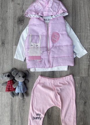 Комплект (жилет з капюшоном + кофточка + штанці) Pink Luna My Bunny 68 см Рожевий/Білий