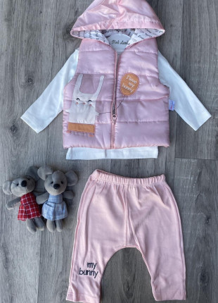 Комплект (жилет з капюшоном + кофточка + штанці) Pink Luna My Bunny 68 см Пудровий/Білий