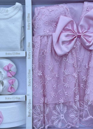 Комплект (туніка + сукня + пінетки + пов'язка на голову) Baby Biss Троянда 56-68 см Білий/Рожевий