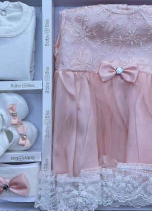 Комплект (туніка + сукня + пінетки + пов'язка на голову) BabyBiss Троянда 56-68 см Білий/Персиковий