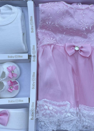 Комплект (туніка + сукня + пінетки + пов'язка на голову) BabyBiss Квіточки 56-68 см Білий/Рожевий