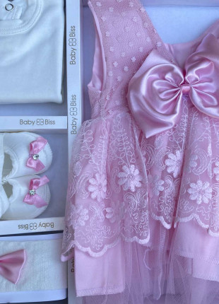 Комплект (туніка + сукня + пінетки + пов'язка на голову) BabyBiss Бант 56-68 см Білий/Рожевий