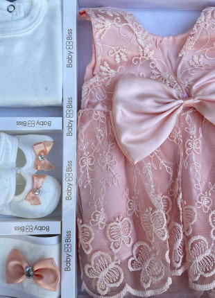 Комплект (туніка + сукня + пінетки + пов'язка на голову) BabyBiss Метелики 56-68 см Білий/Персиковий