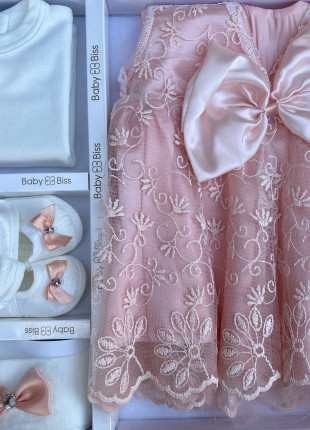 Комплект (сукня + туніка + пінетки + пов'язка на голову) BabyBiss Бантик 56-68 см Білий/Персиковий