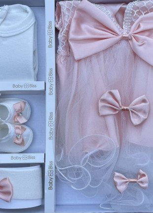 Комплект (сукня + туніка + пінетки + пов'язка на голову) BabyBiss Бантики 56-68 см Білий/Персиковий