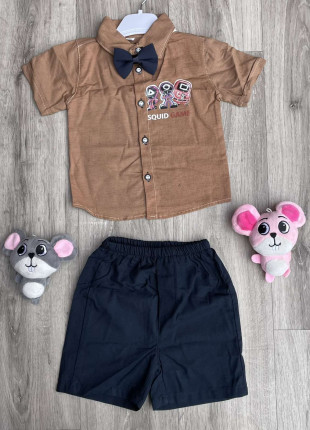 Комплект для хлопчика (сорочка + метелик + шорти) Мis-sa Ігри Кальмарів 80 см Коричневий