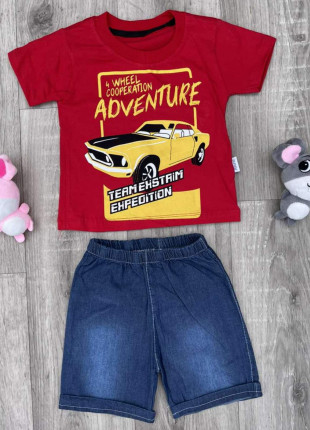 Комплект для хлопчика (футболка + шорти) Akira Adventure 1 рік 80 см Червоний/Темно-синій