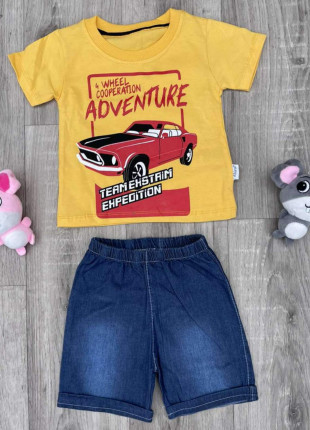 Комплект для хлопчика (футболка + шорти) Akira Adventure 1 рік 80 см Жовтий/Темно-синій