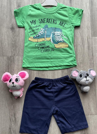 Комплект для хлопчика (футболка + шорти) Buyomus Кеди 3 роки 98 см Зелений/Темно-синій