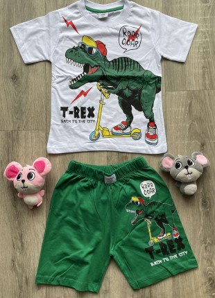Комплект для хлопчика (футболка + шорти) Kids T-Rex 98 см Білий/Зелений