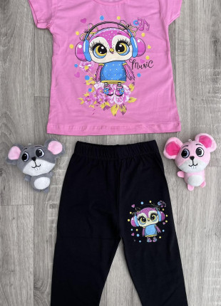 Комплект дитячий (футболка + бриджі) Ridi Совеня 98 см Рожевий/Чорний