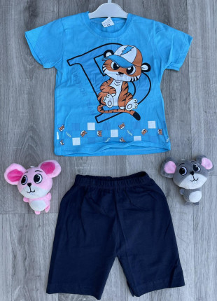 Комплект дитячий (футболка + шорти) Yoyo Тигреня 98 см Блакитний/Темно-синій